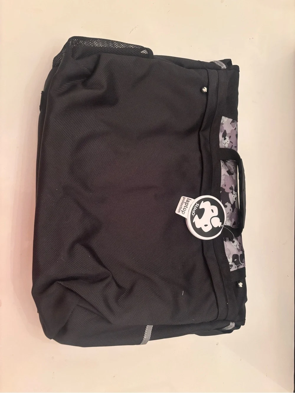 Large Black Messenger Bag with Purple Camo Accent